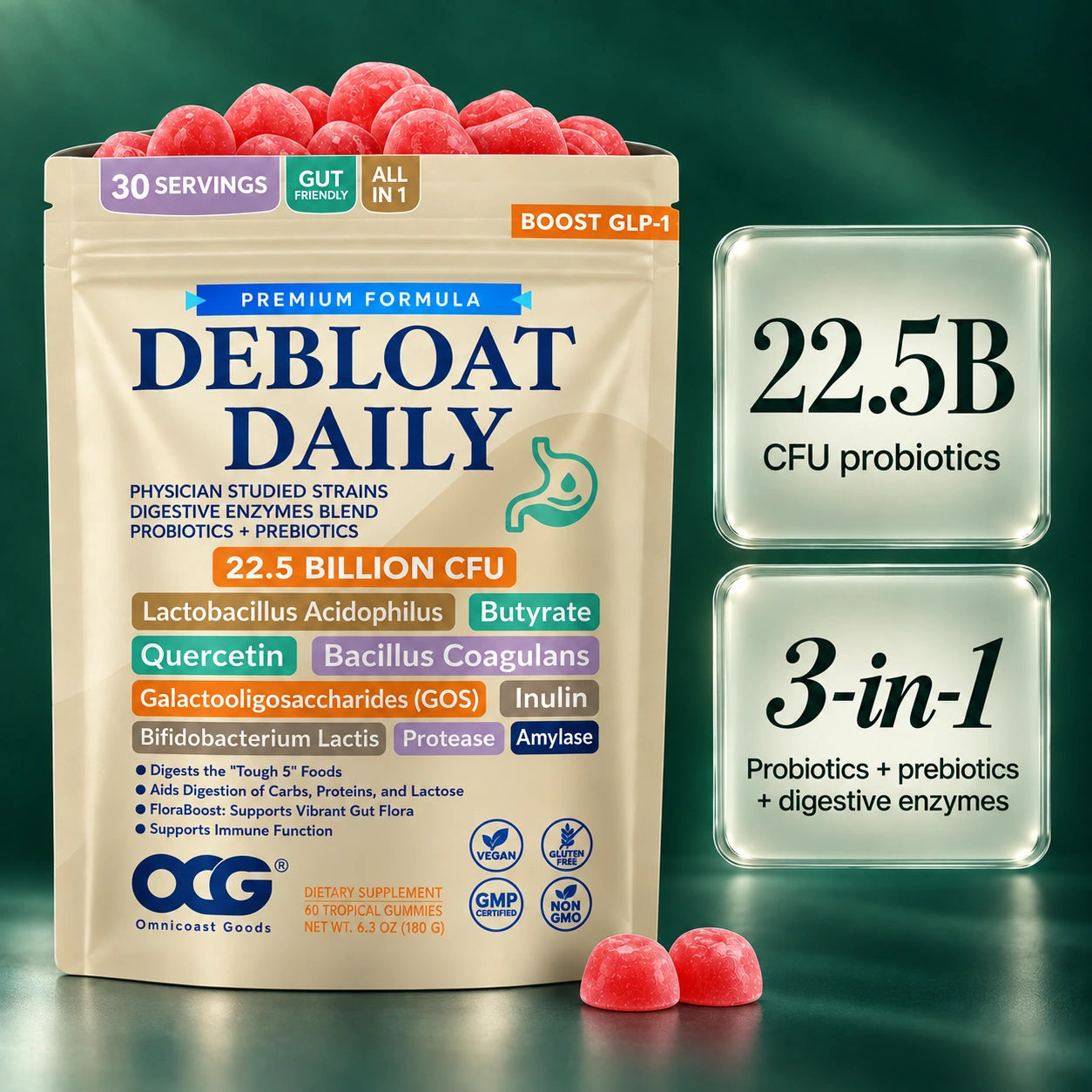 Debloat Daily with 22.5 billion CFU probiotics, prebiotics, and digestive enzymes