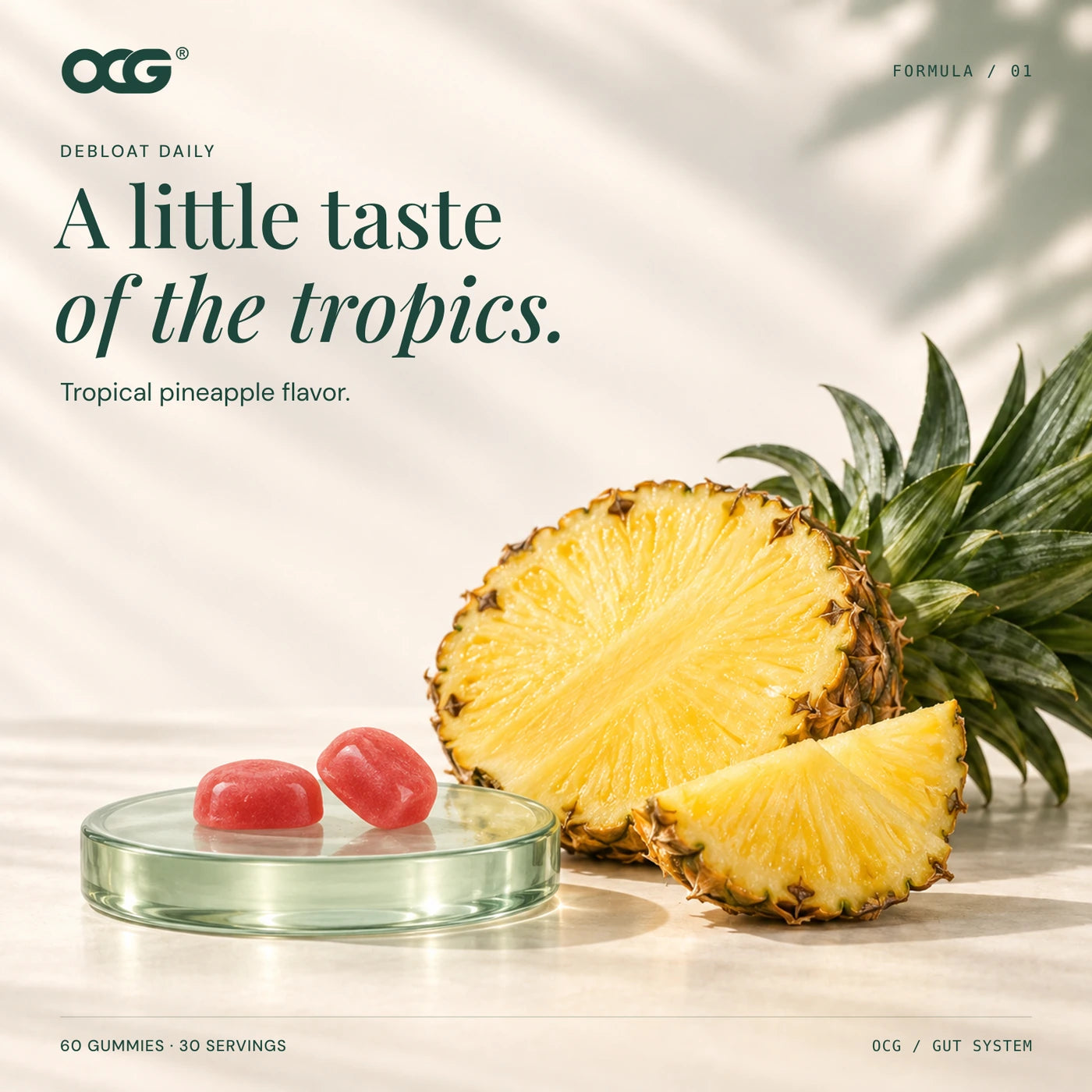 Tropical pineapple Debloat gummies on sage glass beside fresh pineapple; 60 gummies and 30 servings