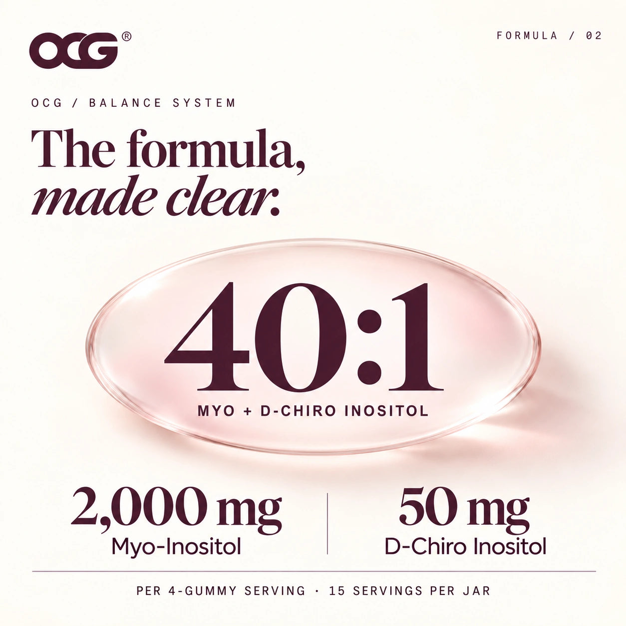 2,000 mg myo-inositol and 50 mg D-chiro inositol per 4-gummy serving