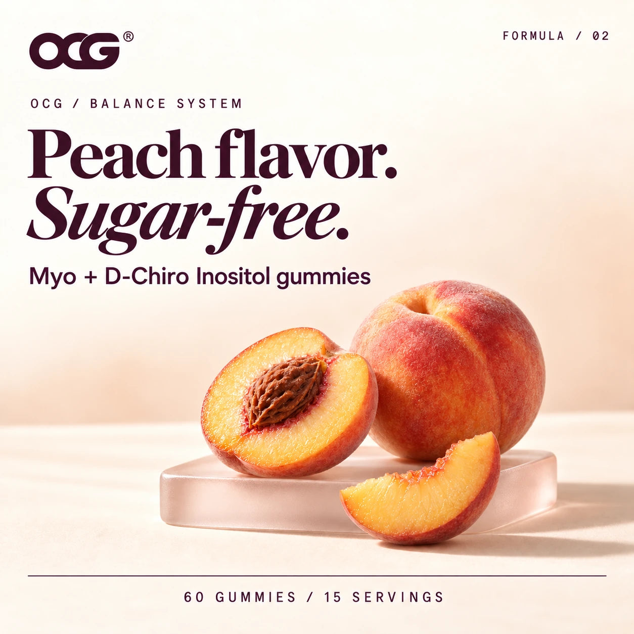Myo peach-flavored, sugar-free gummies; peaches on blush glass, 60 gummies and 15 servings