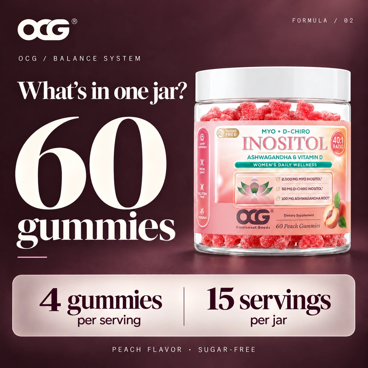 One jar contains 60 gummies, 4 gummies per serving, and 15 servings