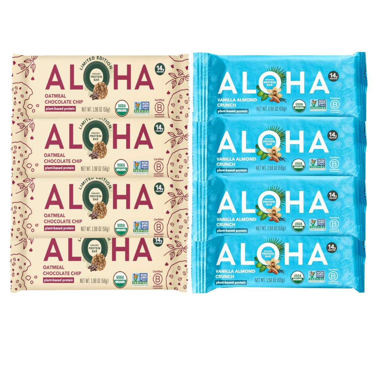 Aloha Protein Bars Organic Plant Based Protein Bars | 2 Flavors | Oatmeal Chocolate Chip, Vanilla Almond Crunch| 1.98-Ounce Bars (8 Count) | Low Sugar, Gluten-Free bundled by OMNICOAST GOODS, OCG
