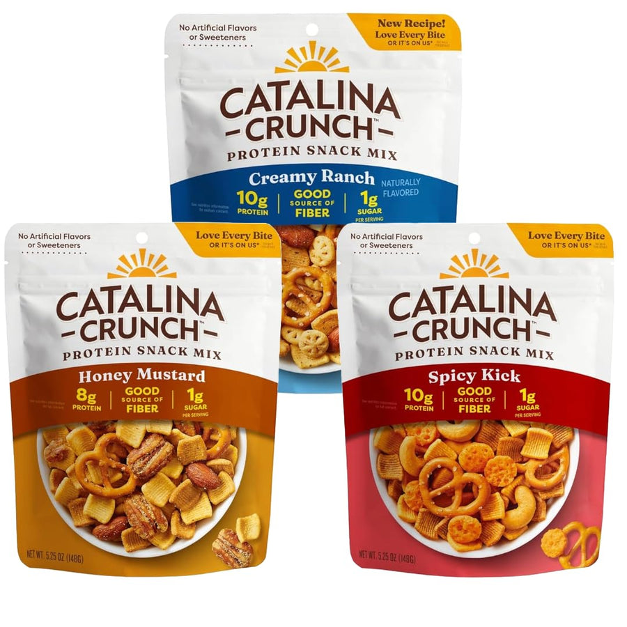 Catalina Snack Mix | 3 flavors | Spicy Kick | Honey Mustard | Creamy Ranch | 1g Sugar per Serving - Good Source of Fiber, Keto, Gluten Free | Pack of 3 |