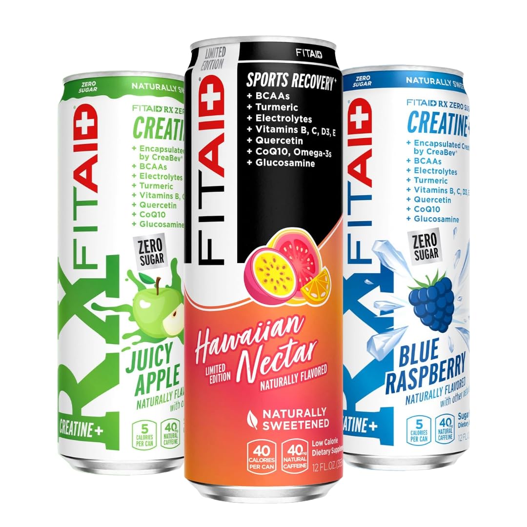 Creatine Drink Variety Pack + Recovery (6-Pack) Compatible with Fitaid | Blue Raspberry | Juicy Apple | Hawaiian Nectar | BCAAs, Glucosamine, Electrolytes
