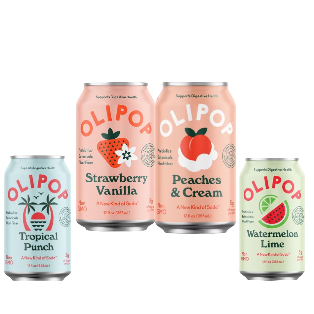 Prebiotic Soda Peaches & Cream, Tropical Punch, Strawberry Vanilla, Watermelon Lime, Prebiotic Soft Drinks, Supports Digestive Health & Gut Health, Plant Fiber, Low Calorie, Low Sugar, Vegan | 12 oz | 6-Pack| bundled by OMNICOAST GOODS, OCG.