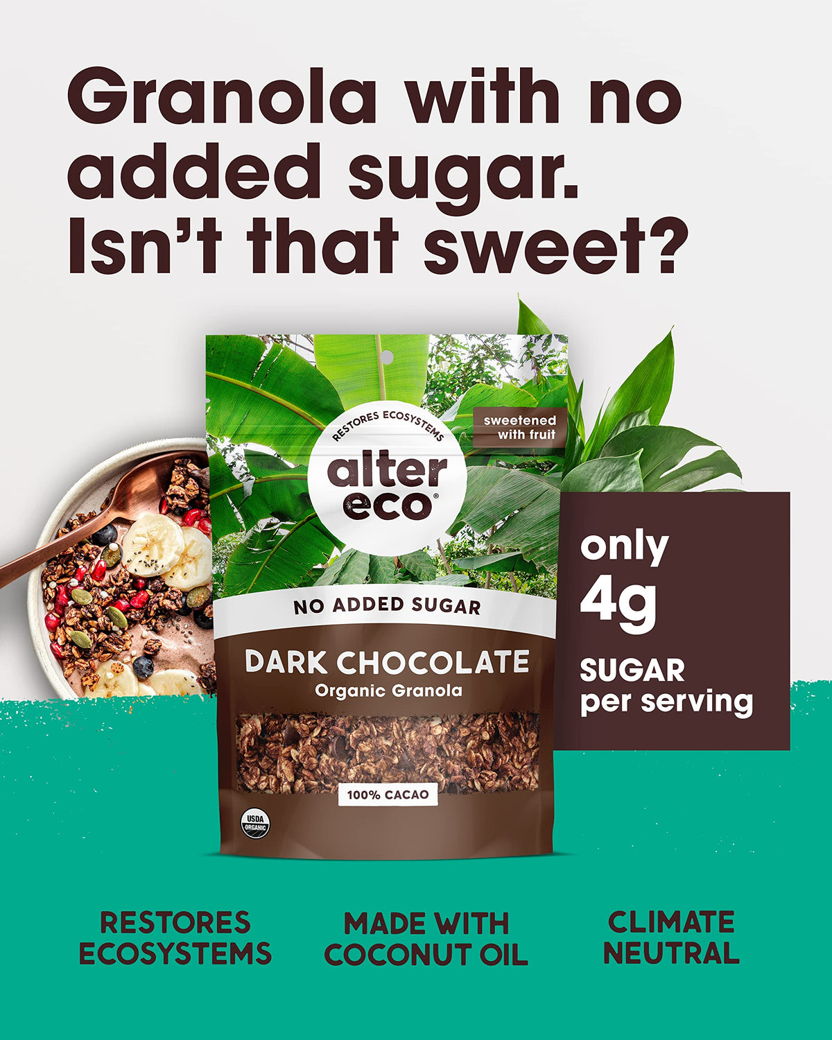 Alter Eco Dark Chocolate Granola, Healthy, Organic Breakfast & Snack, Naturally Sweetened with Fruit, Vegan, No Artificial Sugars or Additives, Regeneratively-Farmed Oats (Dark Chocolate - 1 Pack)