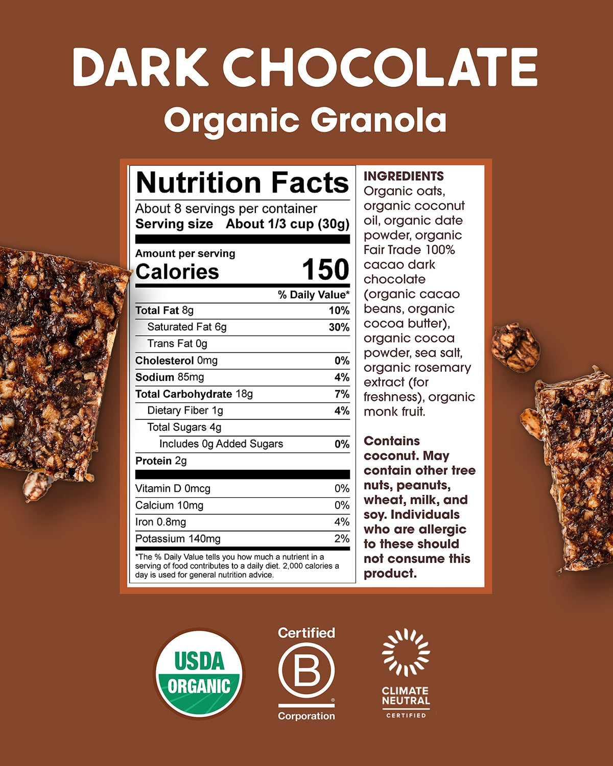 Alter Eco Dark Chocolate Granola, Healthy, Organic Breakfast & Snack, Naturally Sweetened with Fruit, Vegan, No Artificial Sugars or Additives, Regeneratively-Farmed Oats (Dark Chocolate - 1 Pack)