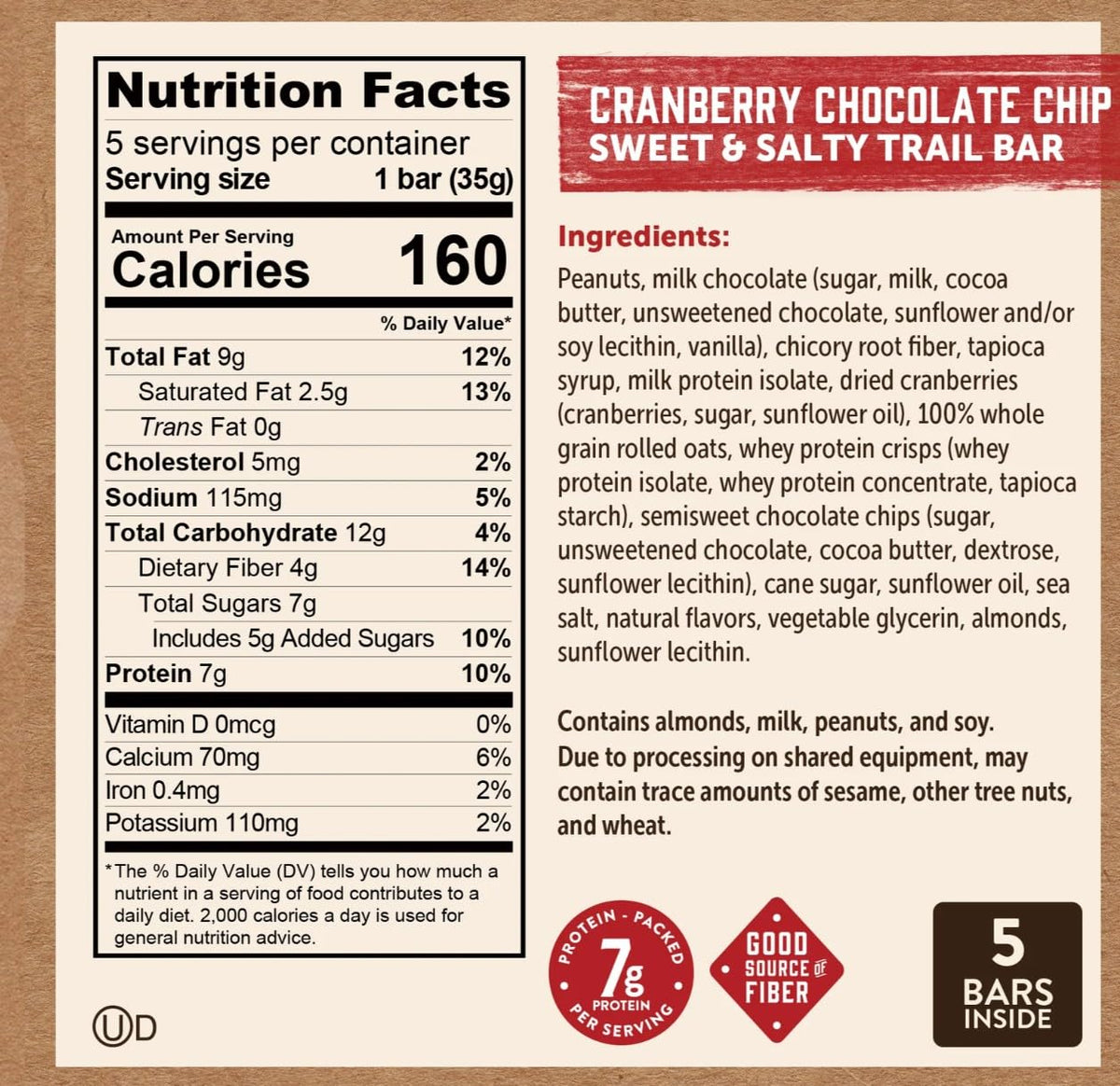 Sweet and Salty Trail Bar Cranberry Chocolate Chip & Chocolate Almond (20 Bars) | 7g of protein | whole grains