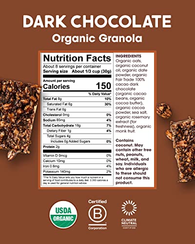Alter Eco Dark Chocolate Granola, Healthy, Organic Breakfast & Snack, Naturally Sweetened with Fruit, Vegan, No Artificial Sugars or Additives, Regeneratively-Farmed Oats (Dark Chocolate - 1 Pack)