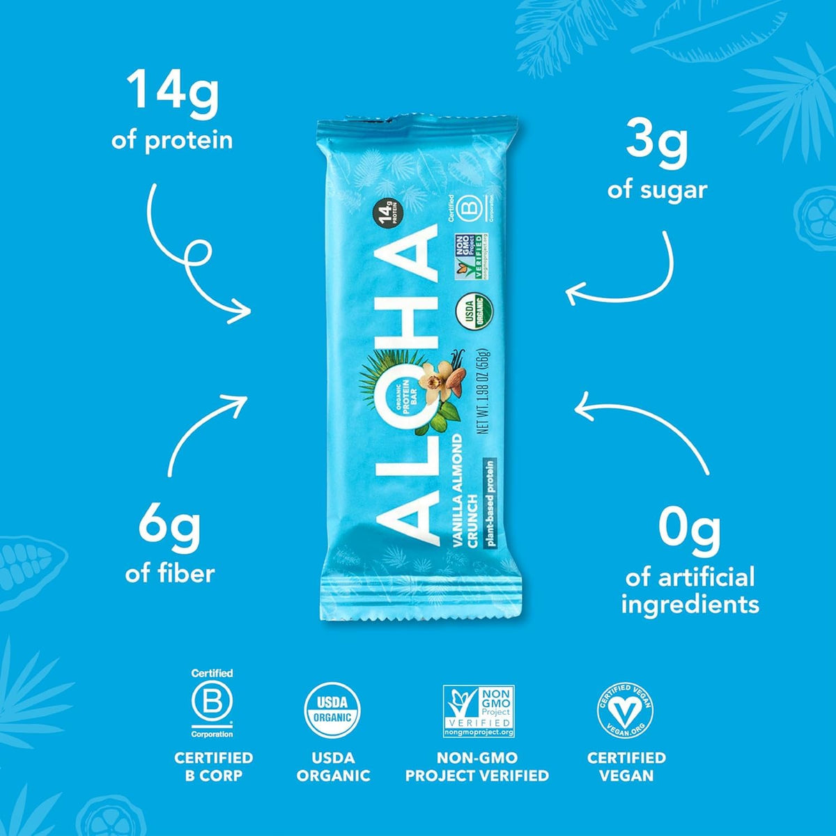 Aloha Protein Bars Organic Plant Based Protein Bars | 2 Flavors | Oatmeal Chocolate Chip, Vanilla Almond Crunch| 1.98-Ounce Bars (8 Count) | Low Sugar, Gluten-Free bundled by OMNICOAST GOODS, OCG